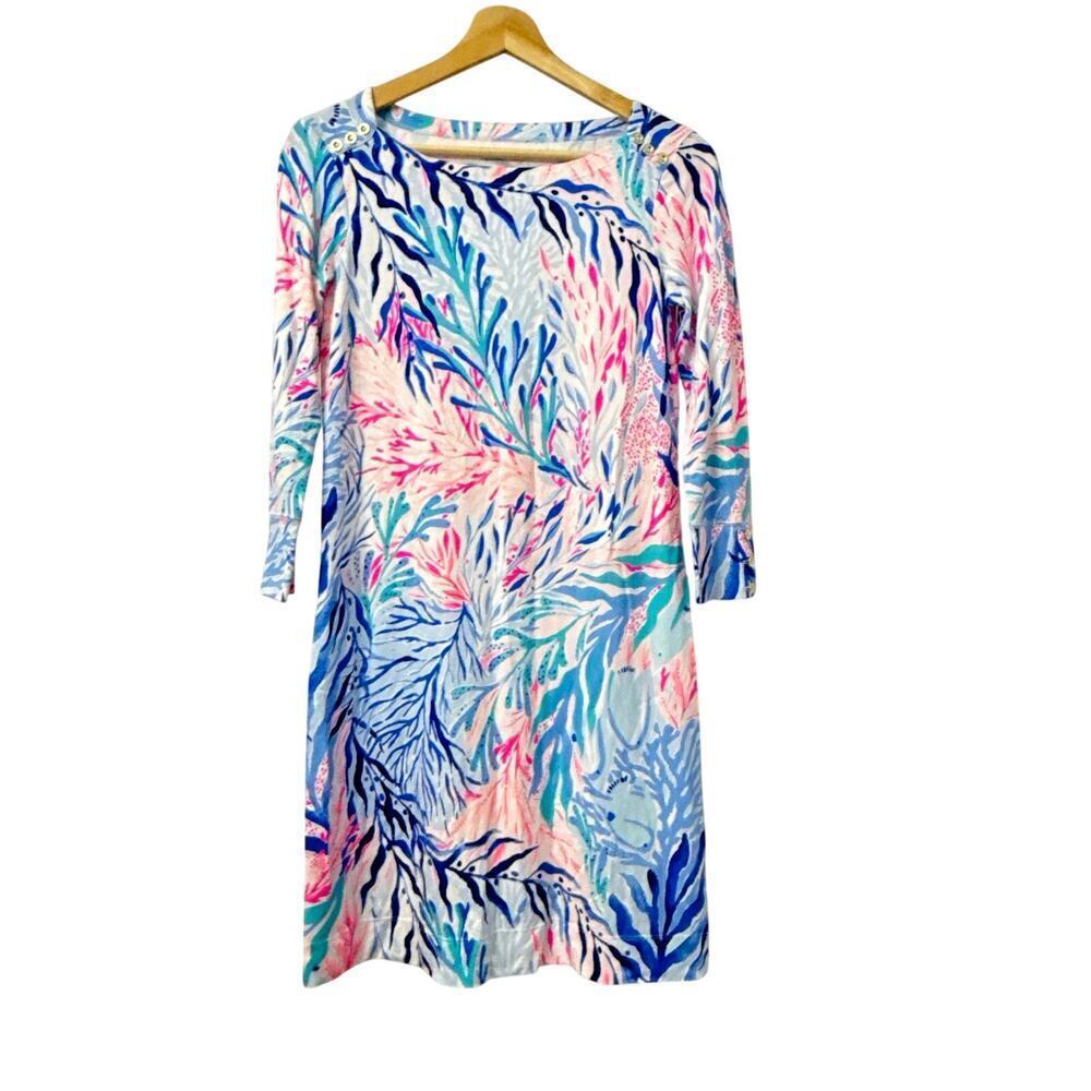 Lilly Pulitzer Sophie Dress XS Boat Neck Gold Button Coral Blue Pink White